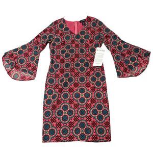 NEW Ashro Dress Bell Sleeves Afrocentric Style Geometric Print Multicolor Size 8